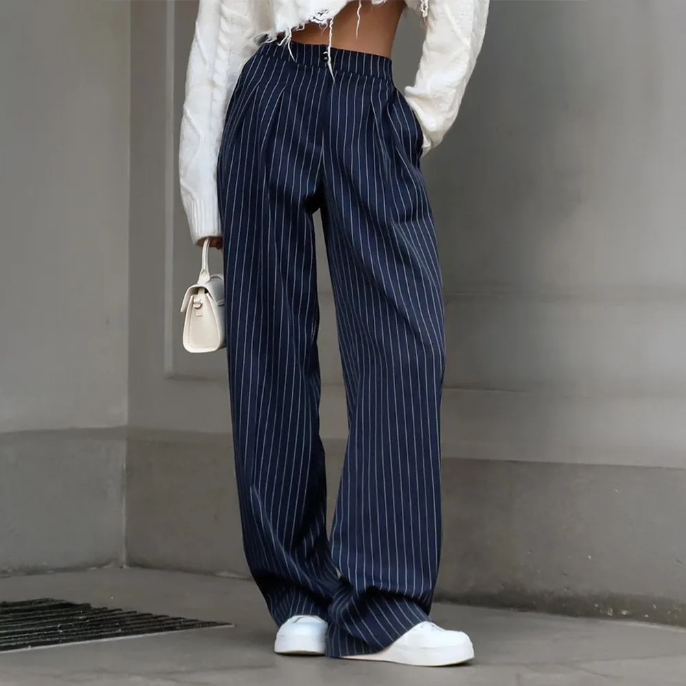 

Fall Winter Casual Loose Suit Pants Female Fashion Streetwear Striped Baggy Trousers Women New High Waist Wide Leg Pants