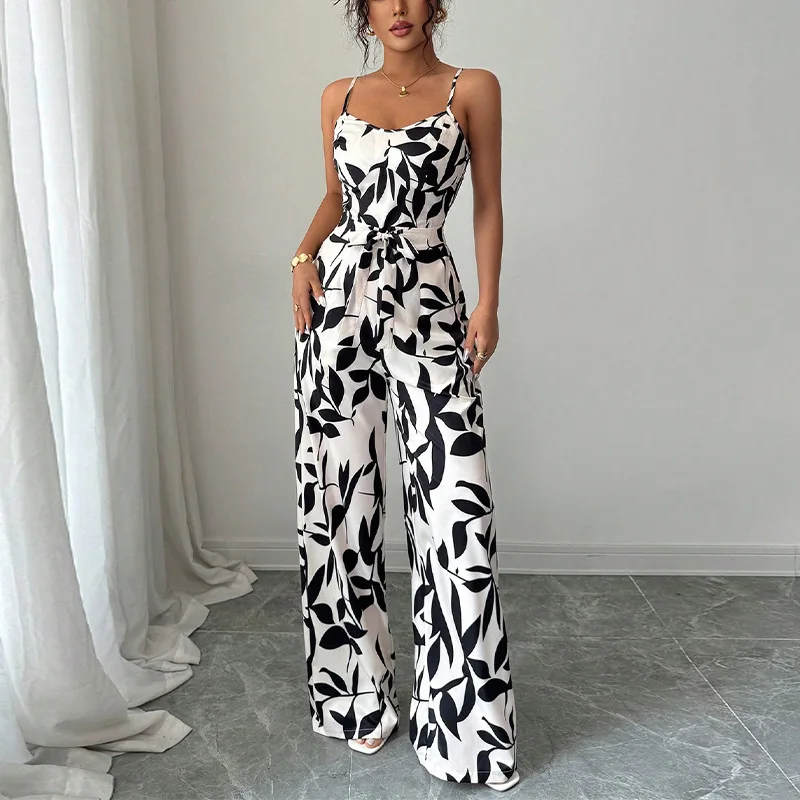

Women Leaf Print Strapless Strap High Waist Belt Wide Leg Jumpsuits Summer Street Sexy Vacation Playsuit One Piece Suit Romper