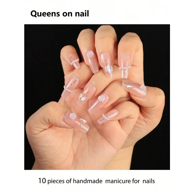 

10 Pieces Handmade press on Nails Ballet Style Fake Nails/Smudge/Shining Diamonds/Shining Pearls/Rose Decoration