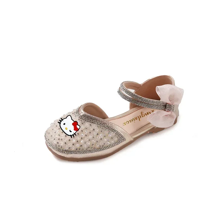 Sandales d'été Sanurgente Hello Kitty pour filles, chaussures de danse princesse à nœud, paillettes de dessin animé, nouveau