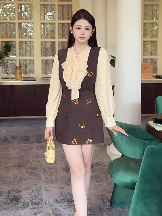 

Spring Aosphere Women's Long Sve irt And Vest Two-Piece Set Glitter Knot Loose Fit French Sle Floral Pattern