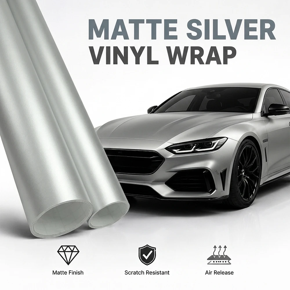 Matte Silver Car Vinyl Wrap Film Self‑Adhesive Bubble Free Sticker PVC Bubble Free Decals Auto Interior Exterior Modification