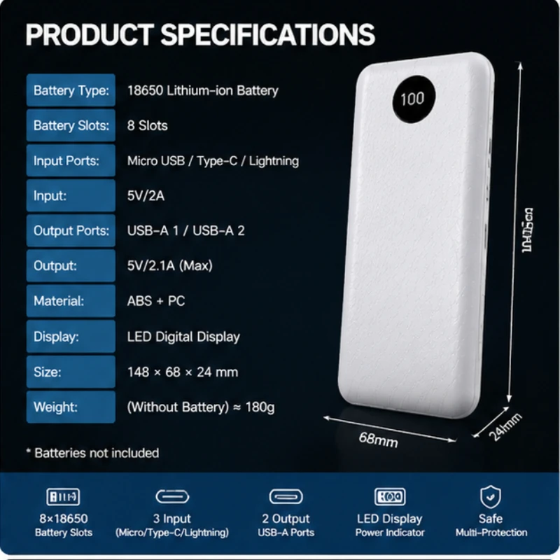 18650 Welding Free Battery Box DIY 8-cell Portable Power Bank Kit  Power Bank Case  Portable Multi Cell Mobile Power Bank view 2