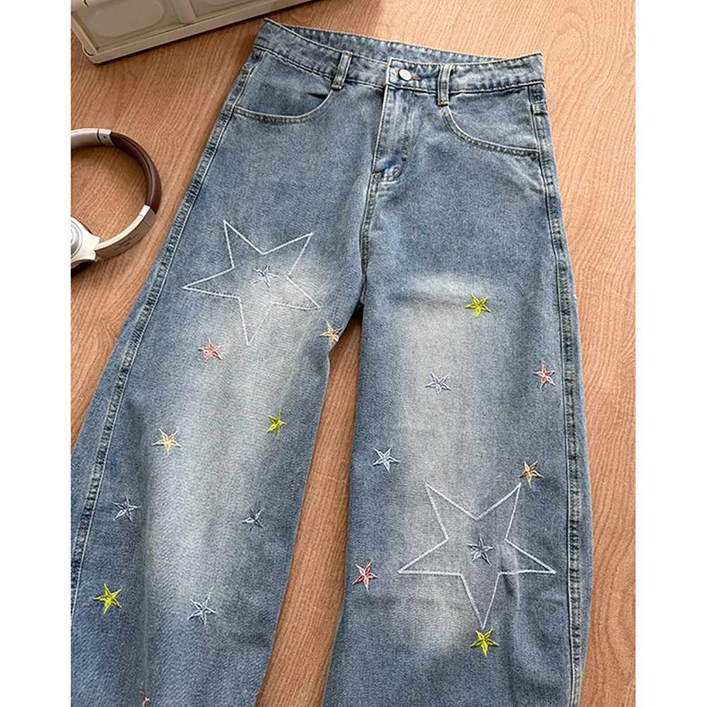 Mode Sterren Borduren Blauwe Jeans voor Dames Lente Herfst Hoge Taille Rechte Losse Denim Broek Retro Gewassen Blauwe Jeans