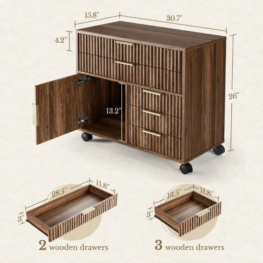 Fluted File Cabinet with 5 Drawers, Large Storage with Cabinet Door, Mobile Filing Cabinet with Locable Wheels for Home Office