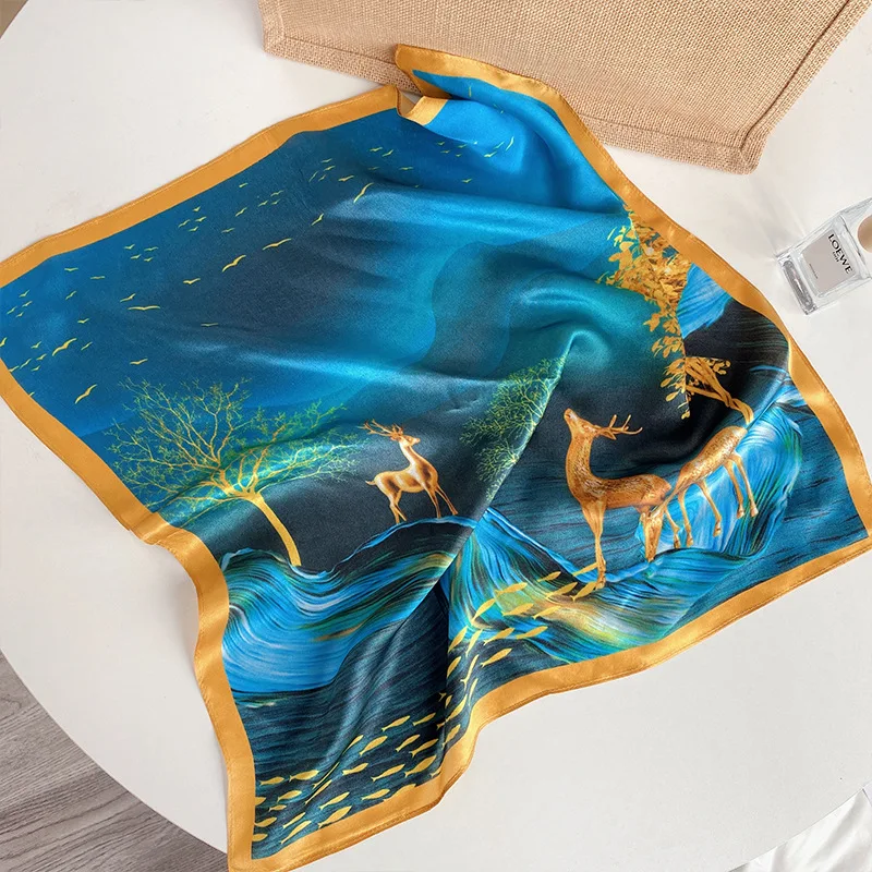 Spring/Summer Deer Graphics Print Neck Scarf Outdoor Decoration Wraps for Women Breathable 70*70cm Imitation Silk Square Scarf