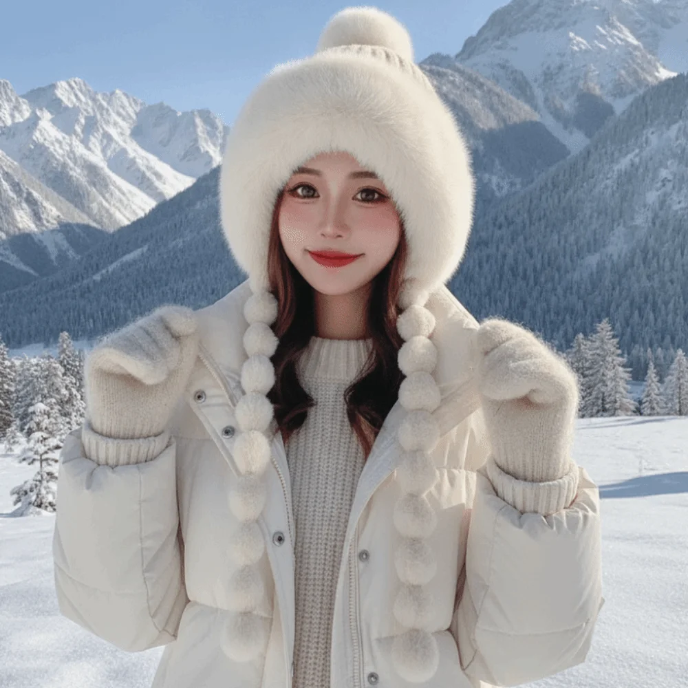 Trapper Hat Ear Flap - Fleece Lined Pompom Braids Hat Striped