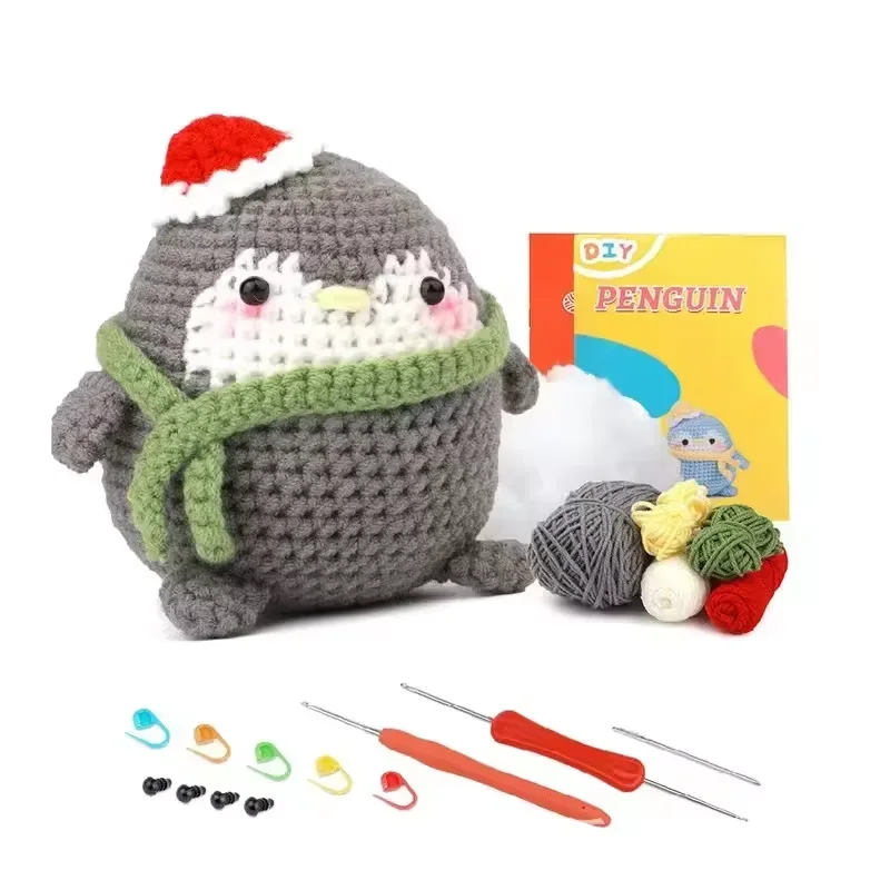 Grey Penguin Doll Ornaments Hand Made Woven Crochet Wool Diy Crochet Knitted Material Bag Complete Set