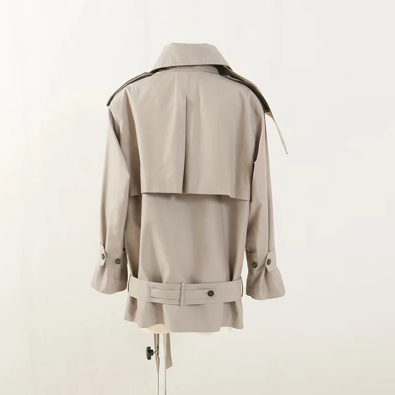 レトロな英国風レディースウインドブレーカー 2025年新作 ダブルブレスト ラペル ウエストシェイプ タイ付き ショートコート
