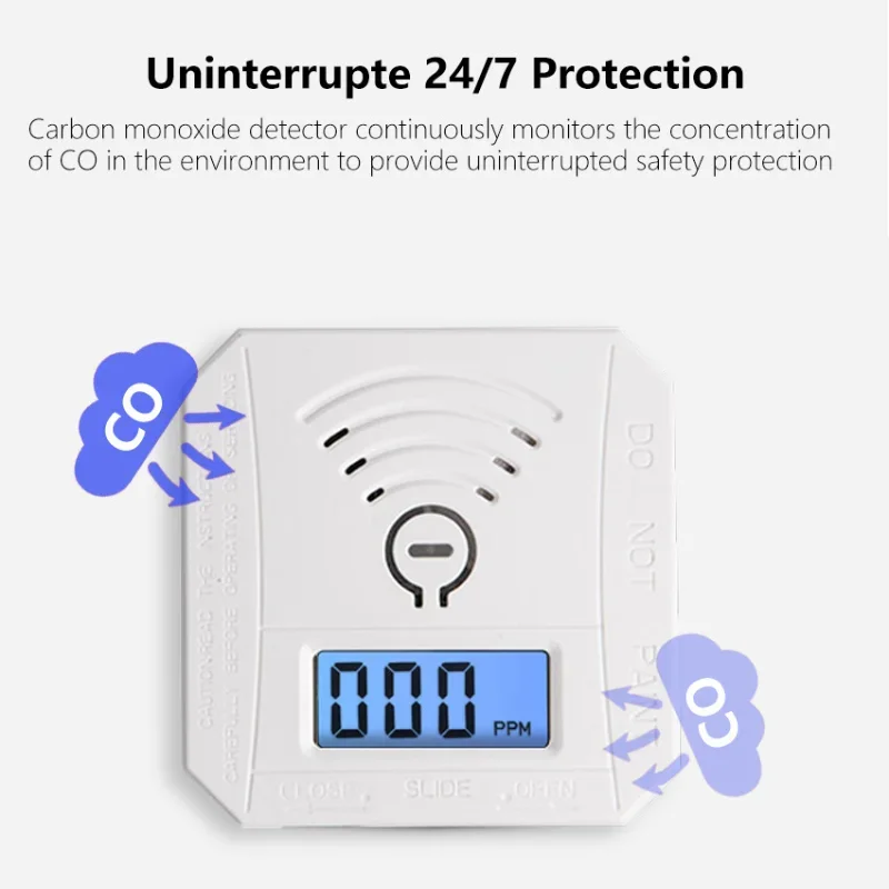 Koolmonoxidedetector, CO-gasmonitor Alarmdetector, CO-sensor met LED digitaal display voor thuis, depot, werkt op batterijen