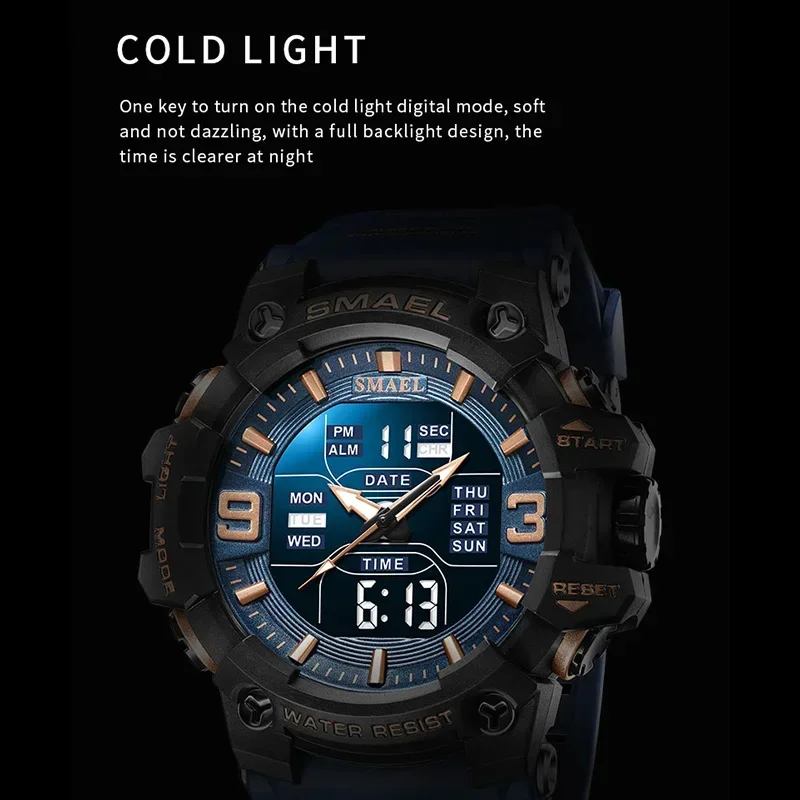 SMAEL 8049 Quartz Watches Sports Time Men Watch Sport Waterproof LED Light Alarm Clock Dual Time Display Week Auto Wristwatches