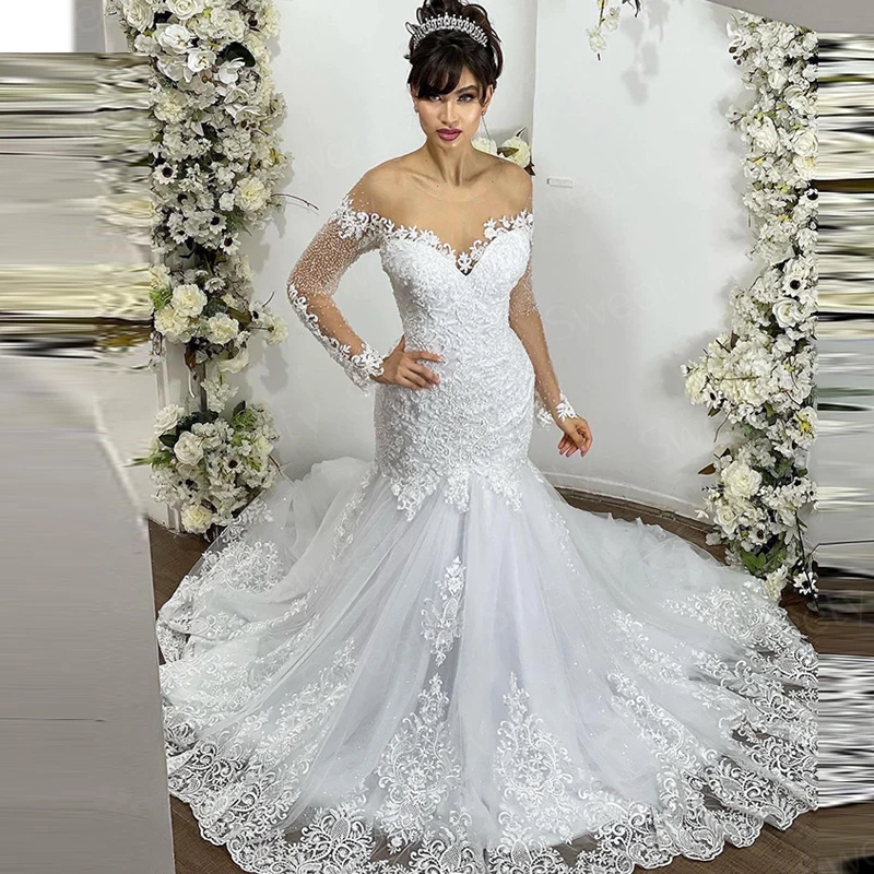 Luxurious Mermaid Wedding Dress Organza With Embroidery Lace Beading Ball Gown O-Neck Full Sleeve Bridal Dress Lace Up Appliques