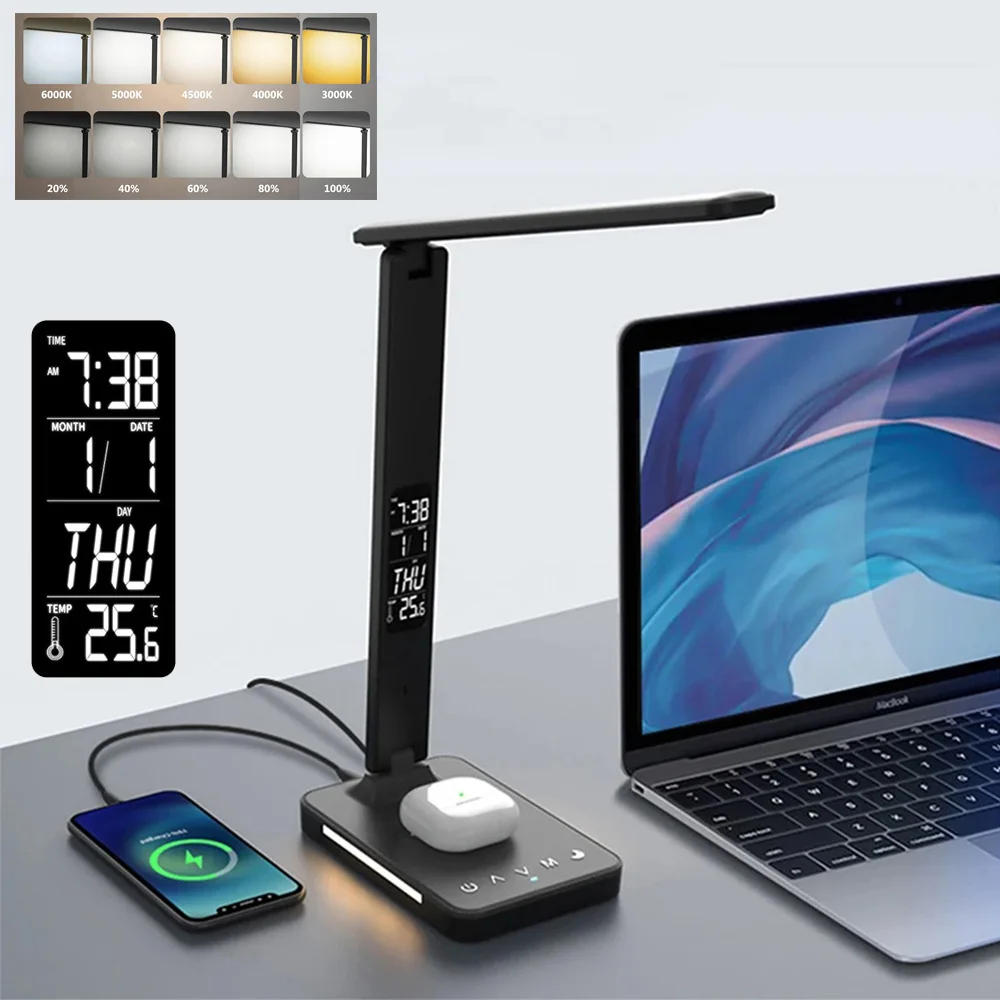 USB/Wireless Charger LED Desk Lamp with Alarm Clock Temperature Dimmable Touch Table Lamp Eye-Protection Reading Night Light