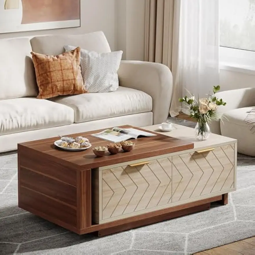 Coffee Table 2 Storage Drawers,  Sliding Tabletop, Multi-Functional Hidden Storage  Cocktail Table for Living Room, Walnut & Oak