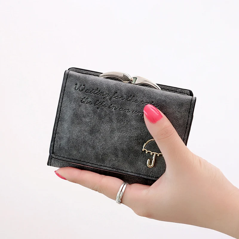 New Women PU Leather Wallet And Purses Small Umbrella Decoration Ladies Short Handbag Small Frosted Leather Card Holder