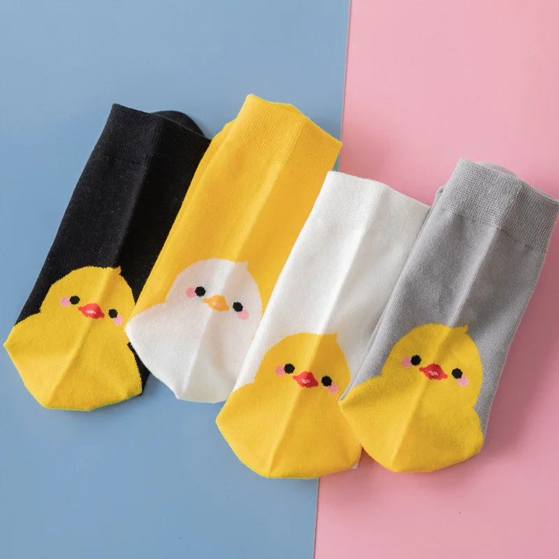 4 Pairs Lot Pack Women Socks Duck New Japenese Korean Style Pattern Art Kawaii Cute Harajuku Happy Colourful Short Cotton Socks