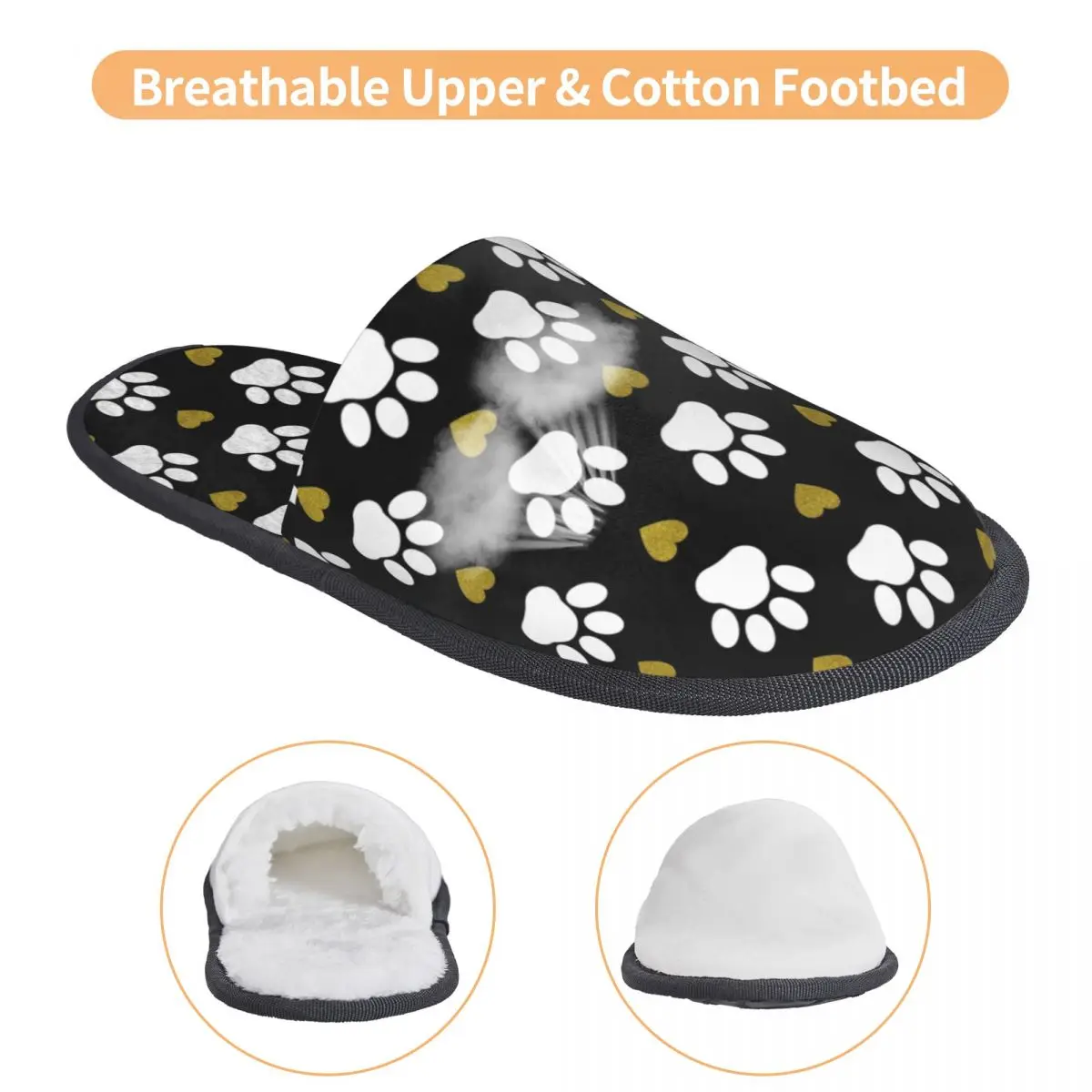 Trendy Pattern Of Paw Guest Slippers for Bathroom Women Custom Print White Dog Paws Gold Heart House Slipper