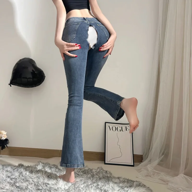 Open Crotch Outdoor Sex Summer Ins Retro Ripped Jeans High Waist Boyfriend Jeans Women Baggy Wide Leg Denim Trousers Streetwear