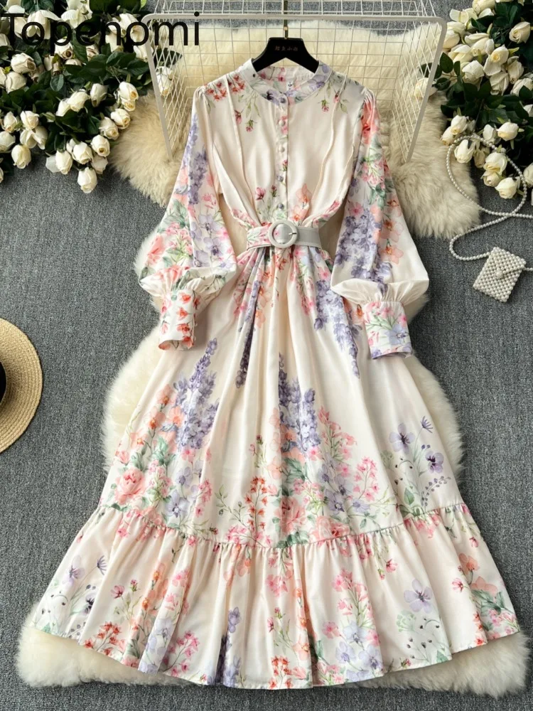 

Topenomi Fashion Evening Gown Women Dress French Vintage Floral Lantern Sleeve Waist Banquet Party Long Dresses Elegant Vestido