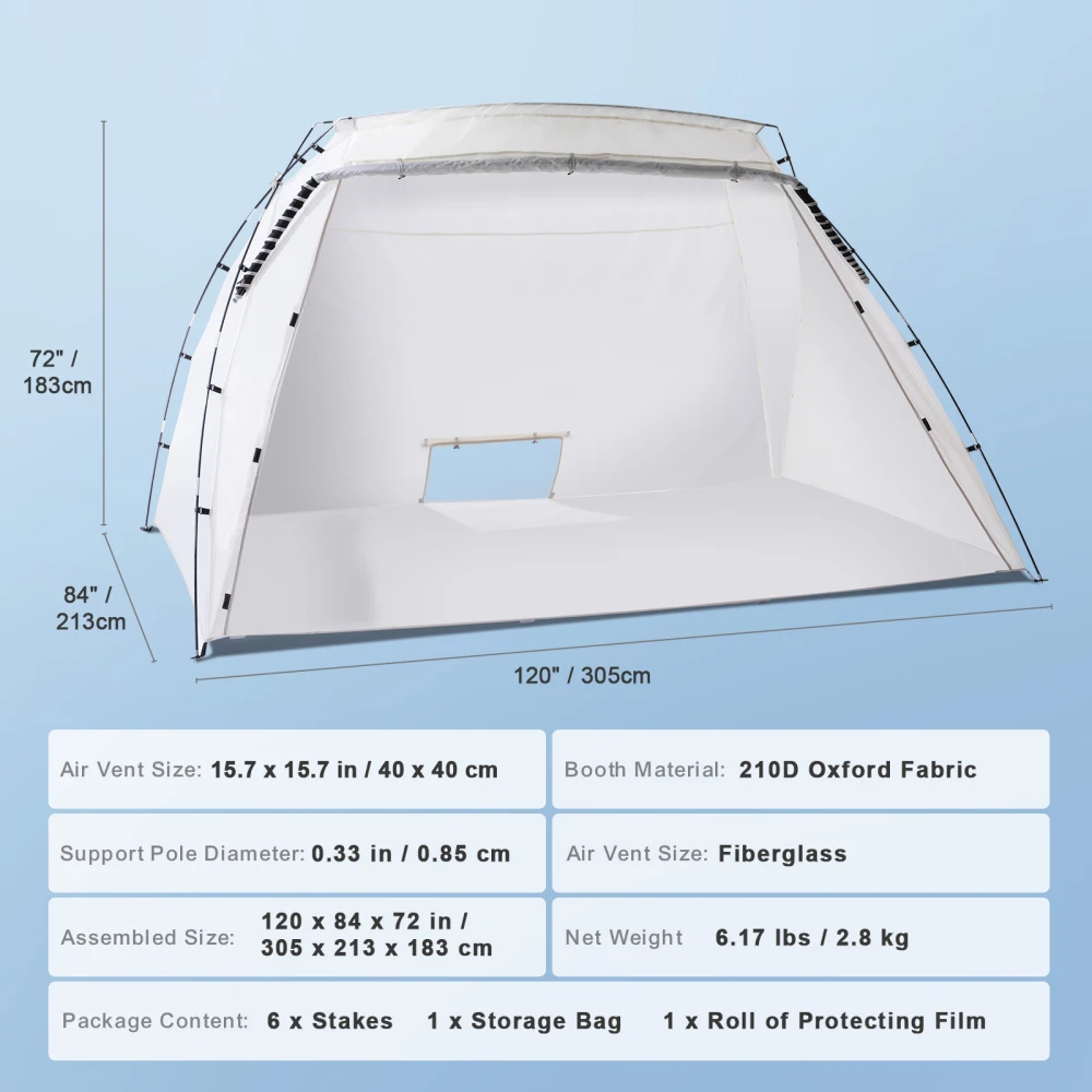 White 10x7x6ft Portable Spray Paint Shed, Large Spray Paint Tent with Built-in Floor and Mesh Screen, Suitable for Furniture DIY Hobbyists' Spray Paint Tent Workbench.