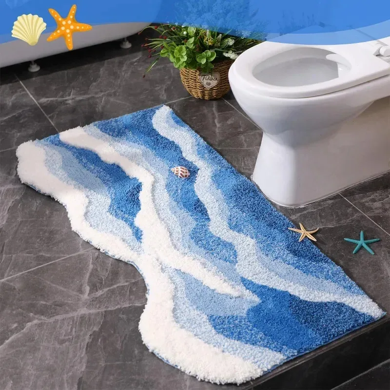VIKAMA Ocean Wave Bath Mat Blue and White Striped Shell and Conch Design Soft and Non-Slip Bathroom Rug Home Decor