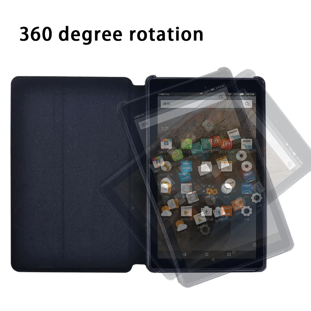 360 Degree Rotation Tablet Case for Fire 7 5th 7th 9th Gen Dust-proof Letter Print PU Leather Stand Protective Cover+Free Stylus