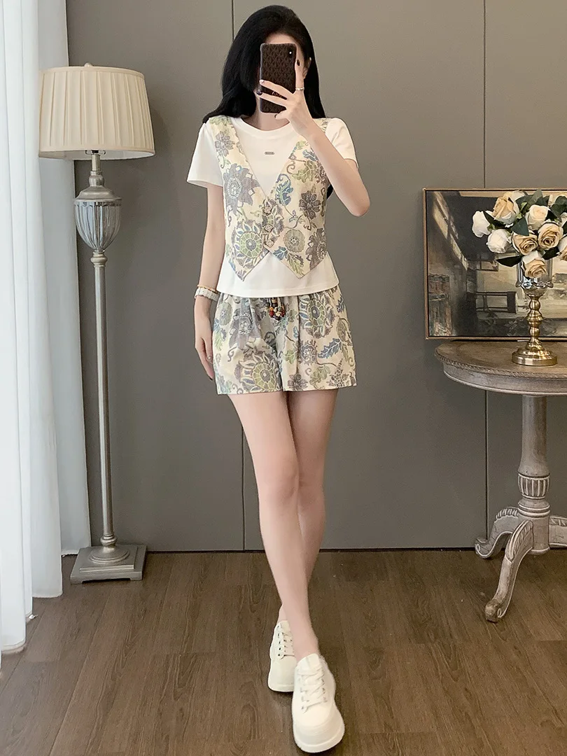 

Fashionable Casual Short Sleeve Two-Piece Set Women's Summer Popular Design Short Pants Cotton round Neck Overhead Top