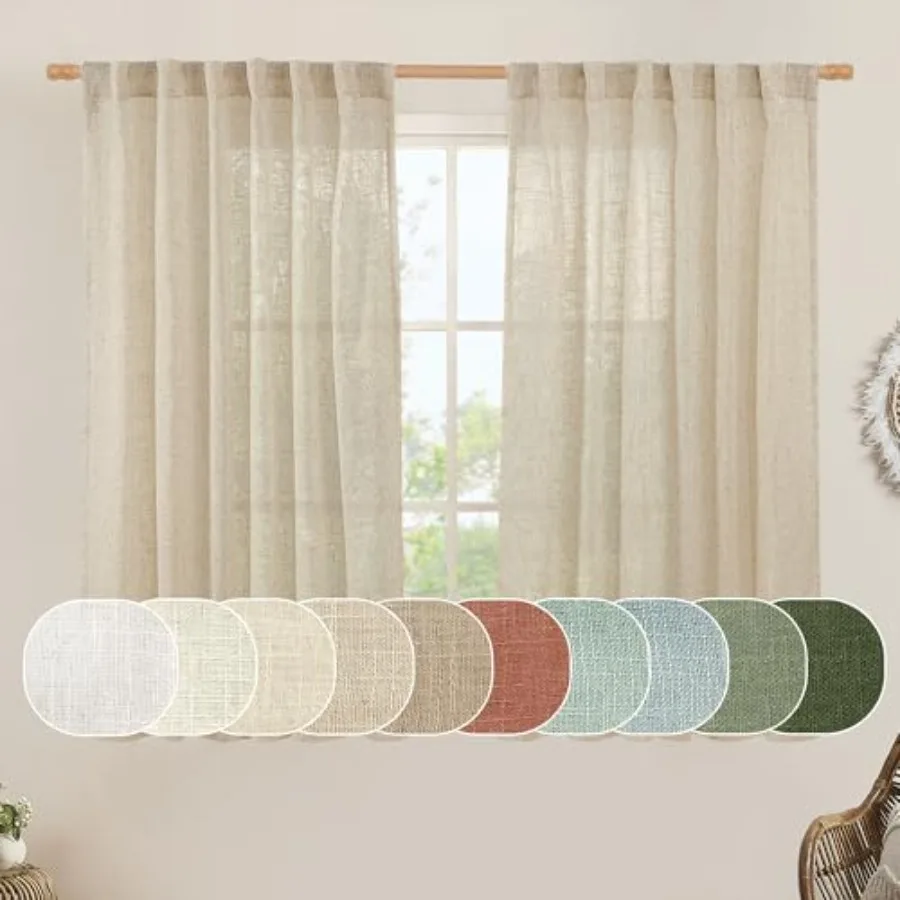 

Semi Sheer Linen Curtains 54 Inch Length 2 Panels Light Filtering Panels Back Tab and Rod Pocket Neutral Drapes for Small Windo