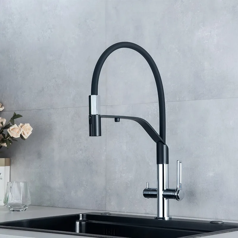 Kitchen Faucet with Hot Cold Water Purifier 3 in 1 Flexible Silicone Hose Anti Splash Spray Black