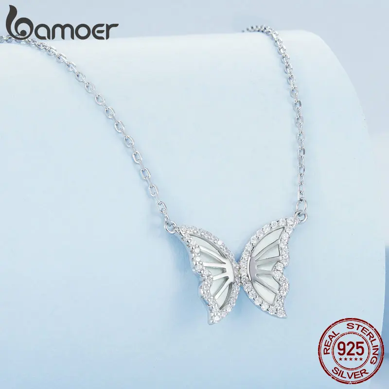 Bamoer 925 Sterling Silver Butterfly Pendant Necklace for Women  Birthday Christmas Gift Pave Setting CZ Fine Jewelry BSN293