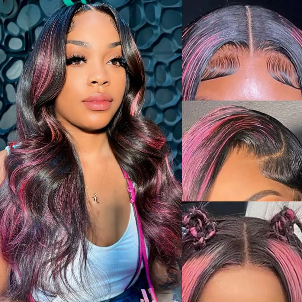 

Ombre Highlight 13x4 Transparent Lace Front Wig Brazilian Human Hair 1B/Pink Color Wigs Body Wave Lace Frontal Wig 26 Inch