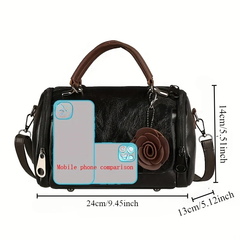 Tas Tangan Boston Vintage Besar - Tas Selempang PU Warna Solid dengan Penutup Ritsleting, dan Liontin Bunga - Sempurna untuk Penggunaan Sekali Saja