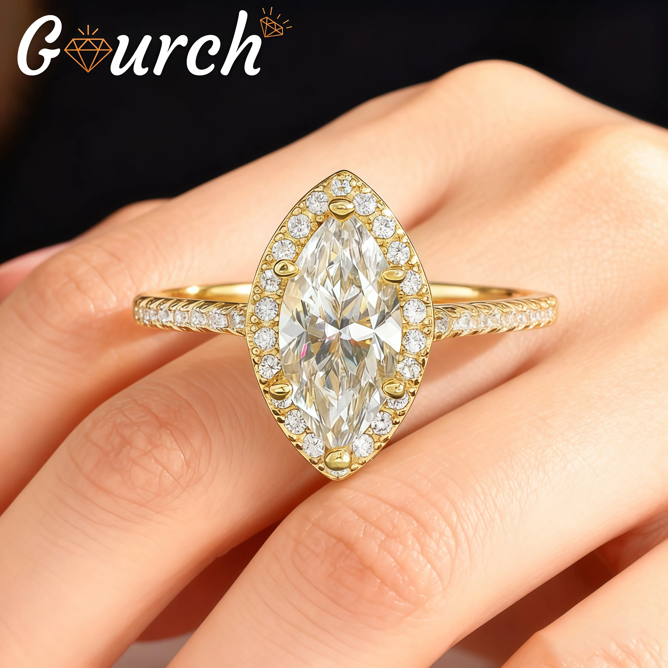 

Gourch 1ct Marquise Cut Moissanite Ring 18K Gold Plated S925 Sterling Silver Engagement Wedding Band Elegant Jewelry for Women
