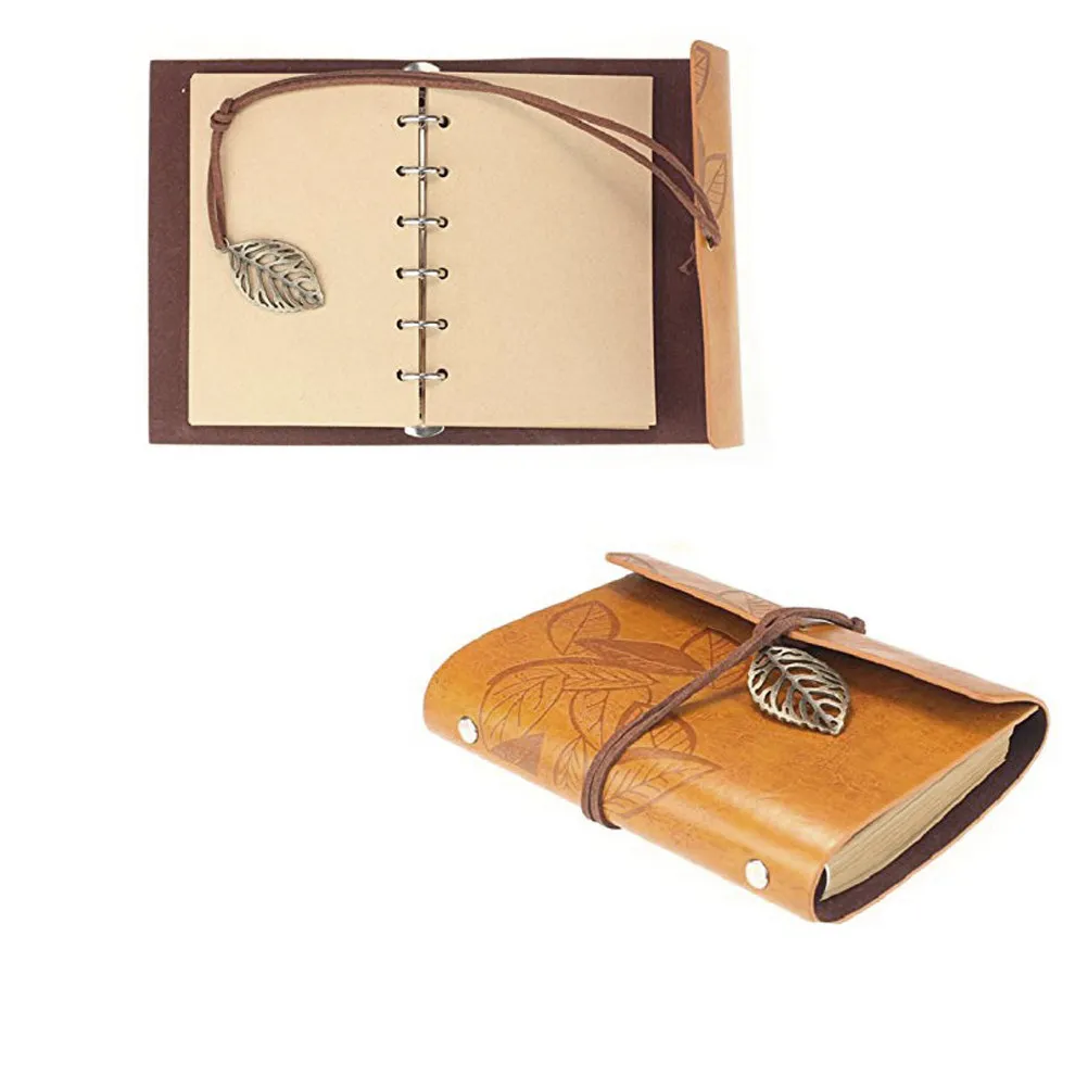 Vintage Style PU Cover Leaf Pattern Notebook Size S Yellow Loose Leaf String Bound Travel Journal Diary Blank Writing Sketchbook