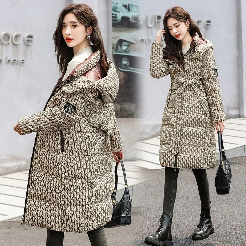 2024 Winter Coat For Women\'s Down Cotton Long Padding Jackets Woman Clothing Wear Belt Korean Print Parkas Snow Fashion Outwear