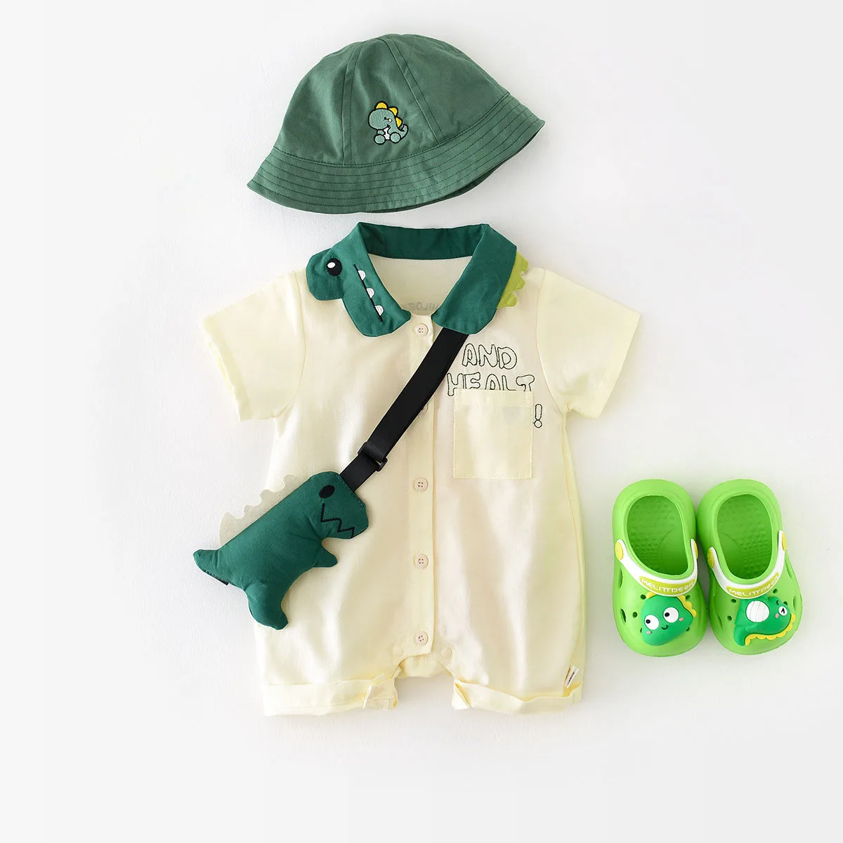 MILANCEL 0-2Y Summer Baby Boys Clothes Single Breast Rompers Cartoon Dinosaur Jumpsuits Toddler Outfit With Bag