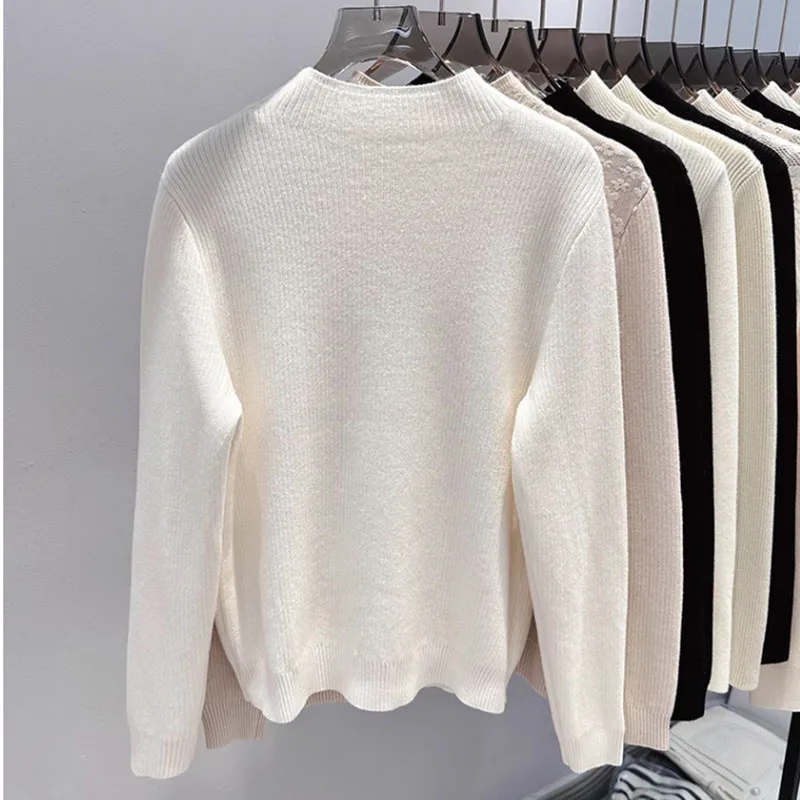 Women's Half-turtleneck Sweater fleece-lined Thick Base Sweater Lace Inner Pullover Sweater Female Warm Top Autumn Winter 2025