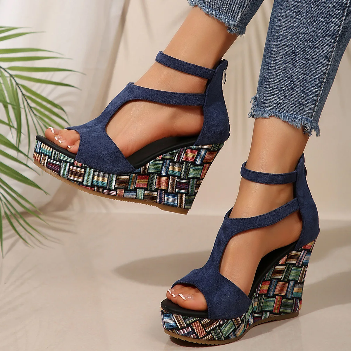 Sandalias de tacón alto con punta abierta para mujer, talla grande, suela gruesa de cuña, con una correa y hebilla, suela de yute, estilo islámico elegante