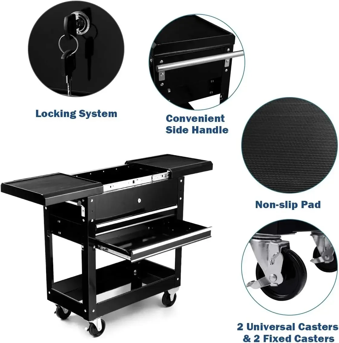 Tool Cart, 4-Tier Rolling Tool Box Cabinet on Wheels with Lockable Drawers & Sliding Top, Heavy Duty Steel Tool Storage O