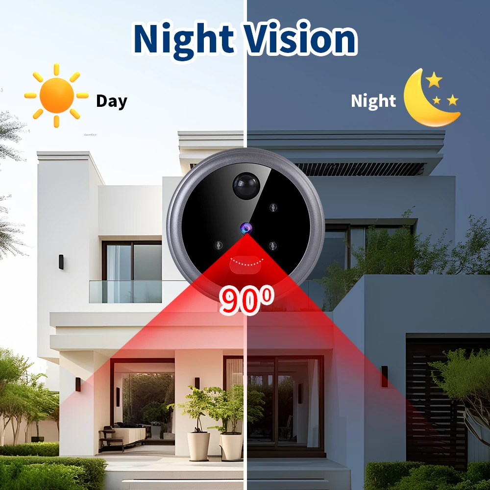 Doorbell Peephole 2.8in LCD Screen Smart Wireless Door Viewer Camera PIR Motion Detection 90° Wide Angle Night Vision Door Bell