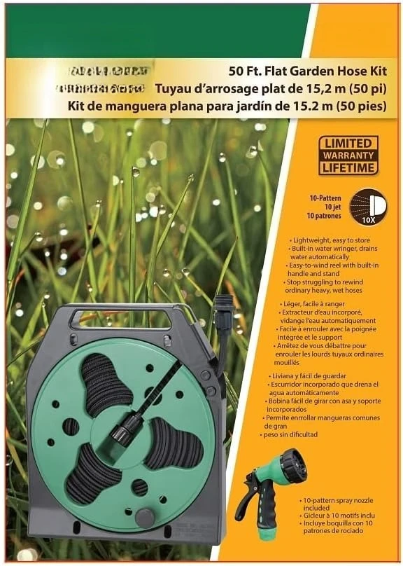 Flat Hose Reel with Nozzle, 50' Light weight, easy to store. Built in water ringer automatically drains water