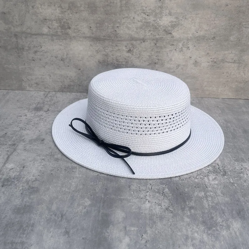 Women's Summer Elegant White Straw Flat Top Bow Knot Hollow Breathable Sun Hat