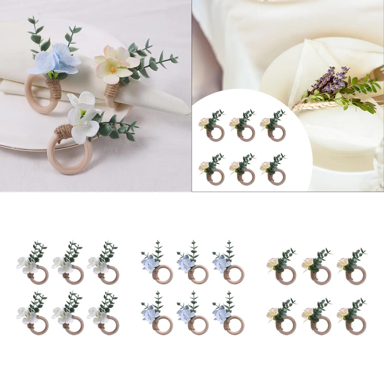 6 Pieces Serviette Buckles Silk Flower Napkin Rings Wooden Napkin Rings Decorative Decor Event for Kitchen Cafe Anniversary