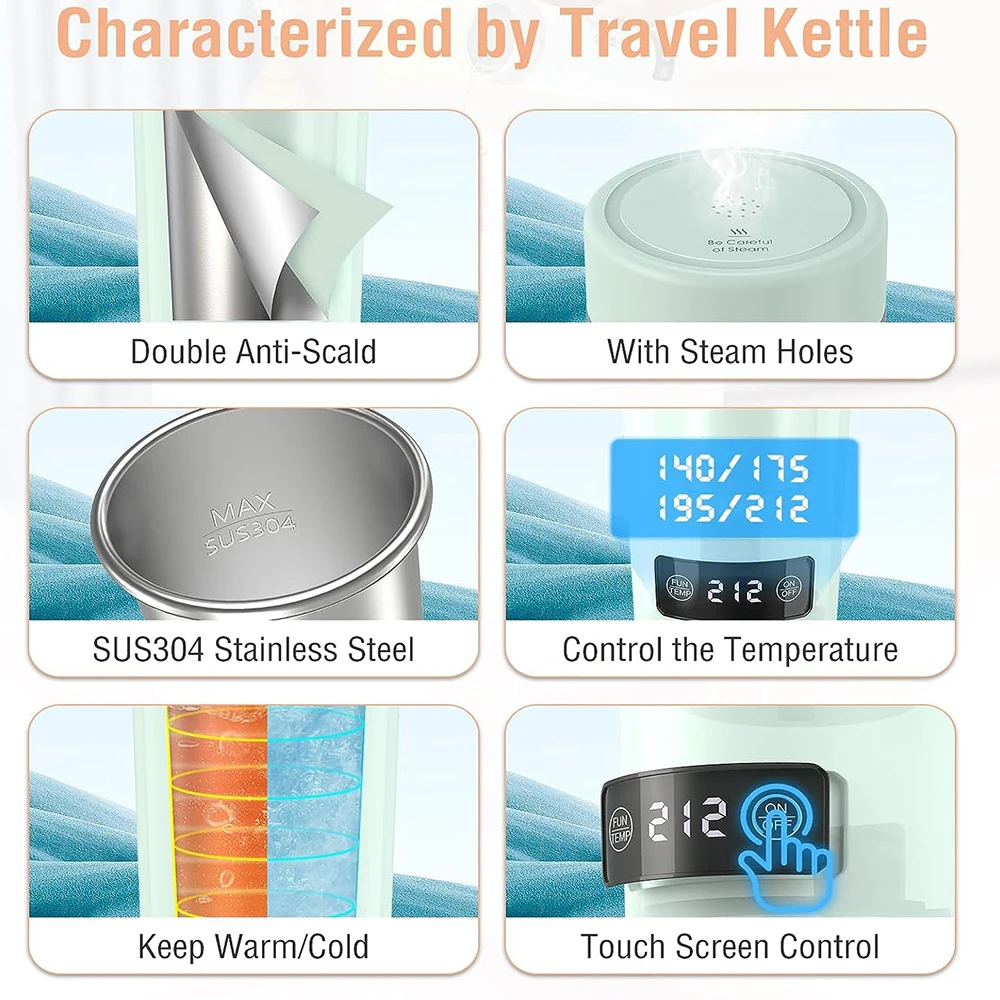 350ML Electric Heating Watercup With 4 Sections Temperature Control 110V/220V Portable Touch Travel Tea Kettle For Boiling Water