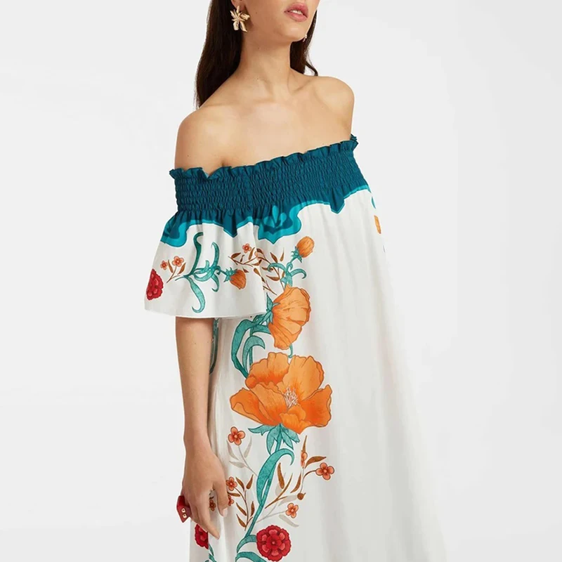 

Spring Floral Print Ruffle Pleat Long Dress Women Sexy Slash Neck Backless Chic Party Dress Summer Short Sleeve Loose Boho Dress