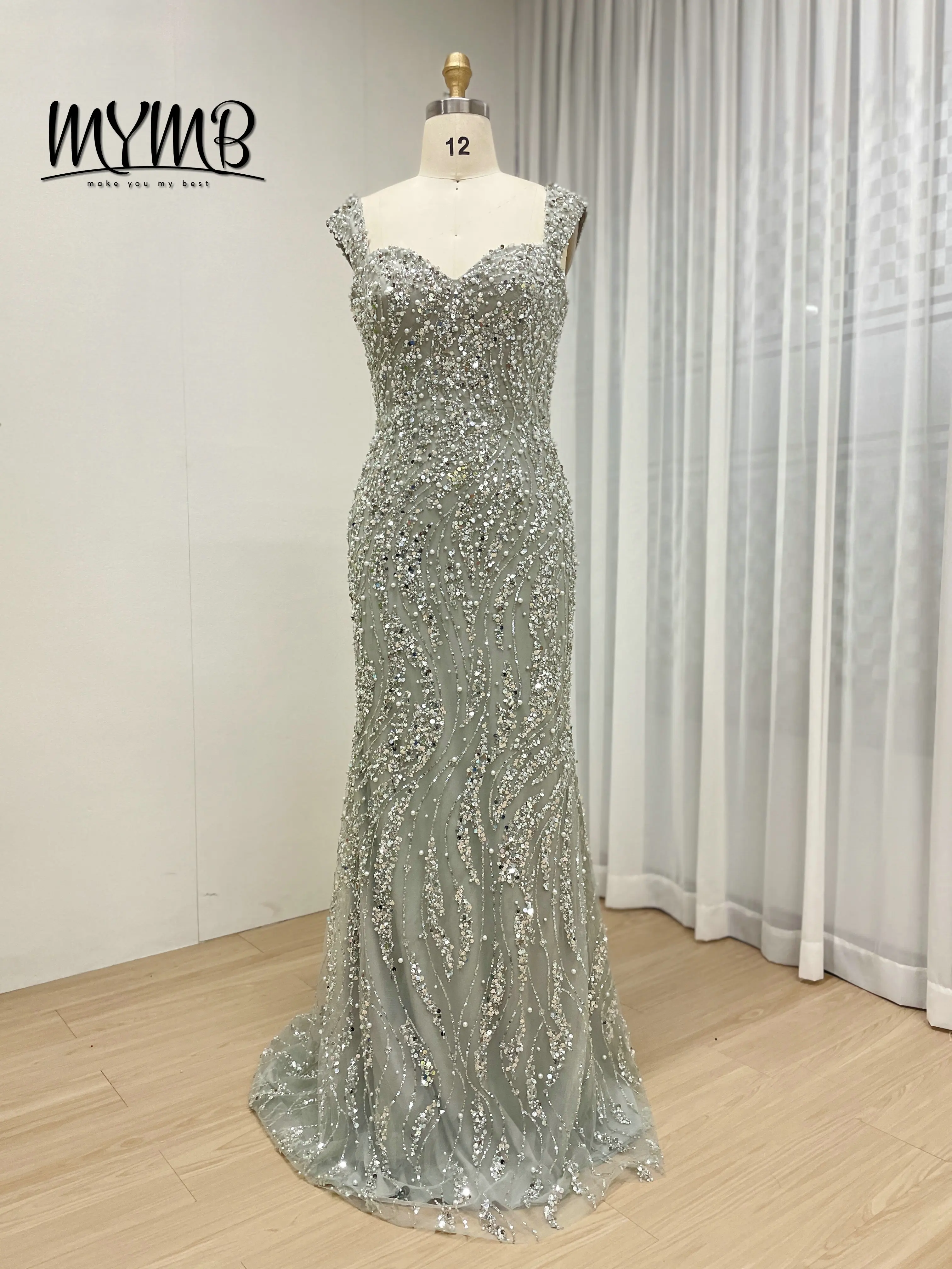 

MYMB Elegant Green Sweep Train Evening Dress for Woman Luxury Beading Sweetheart Neck Mermaid Summer Dress Long Party MY30108-3