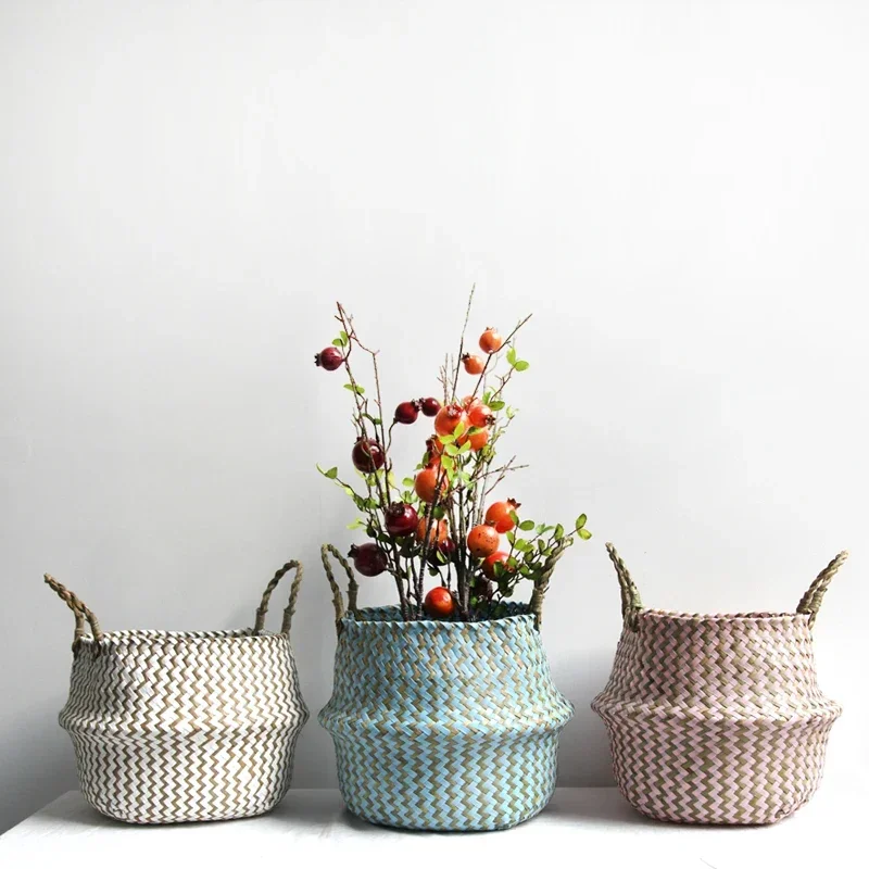 Home Cestas Mimbre Striped Wicker Storage Baskets Laundry Basket Handmade Collapsible Straw Patchwork Seagrass Osier Panier