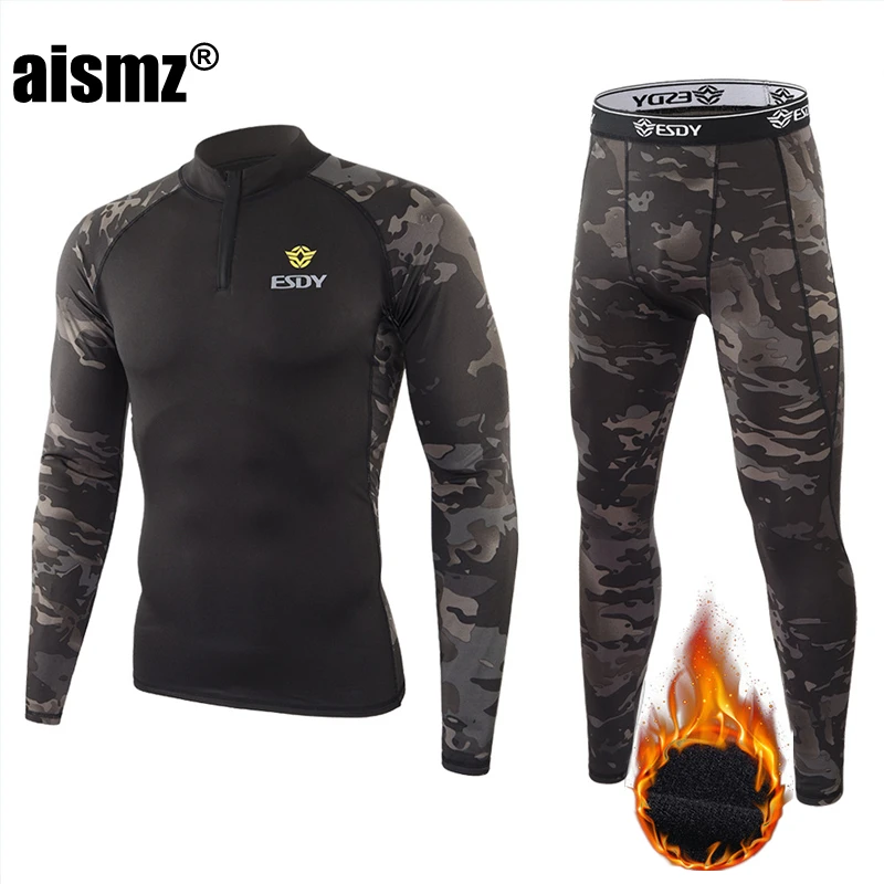 Aismz Winter Thermal Underwear Men Suit Skin Compression Man Sport First Layer Rashguard Men\'s Fleece Second Thermo Long Johns