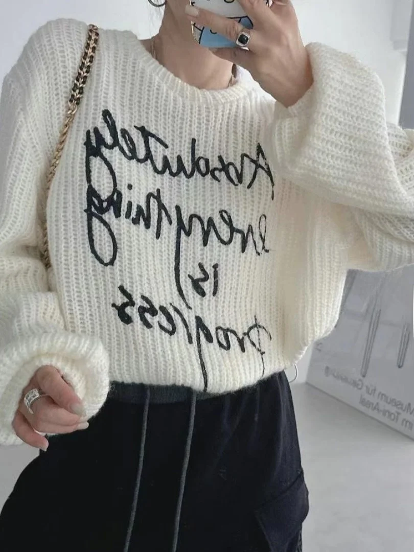 

Chic Vintage round Ne Long Sve Letter Print Design Color Blo Loose Casual Sweater for Women Spring Autumn Faion