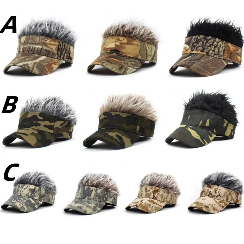 Outdoor Camouflage Armygreen Jungle Sunshade Sunhat Spiked Hairs Wig Hat Sports Baseball Cap Synthetic Short Hair Wigs Hat Visor